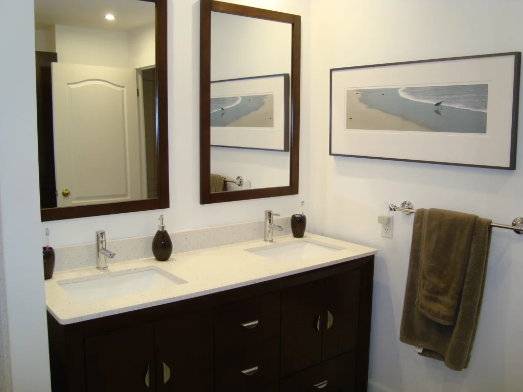 Raakss Reno Kitchen, Basement, and Bathroom Renovations in the Greater Toronto Area - Bathroom Renovation with his and hers sinks - bathroom repairs