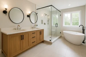Spacious ensuite bathroom featuring a dual-sink vanity, frameless glass shower, and freestanding bathtub—designed for both luxury and daily comfort