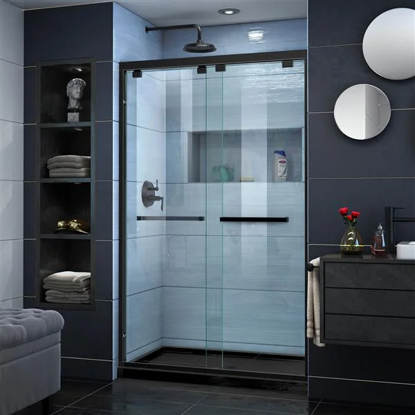Off-the-shelf shower kits usually include an acrylic or fiberglass shower base, matching wall panels, stainless steel hardware, and a tempered glass enclosure.
