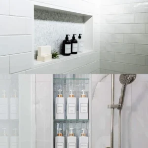 Horizontal shower niches create a sleek ledge for soaps and bottles, while vertical niches maximize height for family-sized storage.